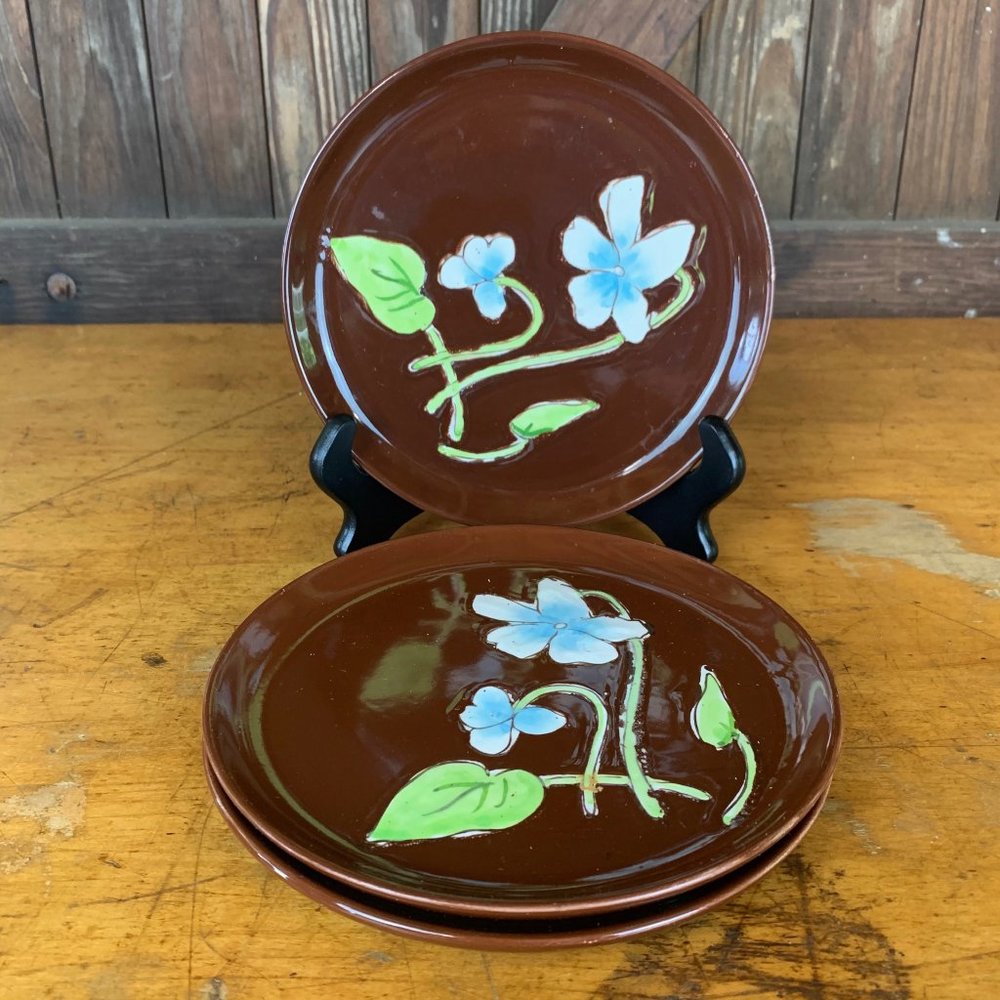 Vintage Inarco Brown Floral Bread Dessert Plates Set of 3 Made in Japan